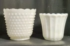 VTG 2 Milk Glass Planter Vases Scalloped Rim- Hobnail 5¼"T x5½"W- Ribbed 4¾"x4¼H