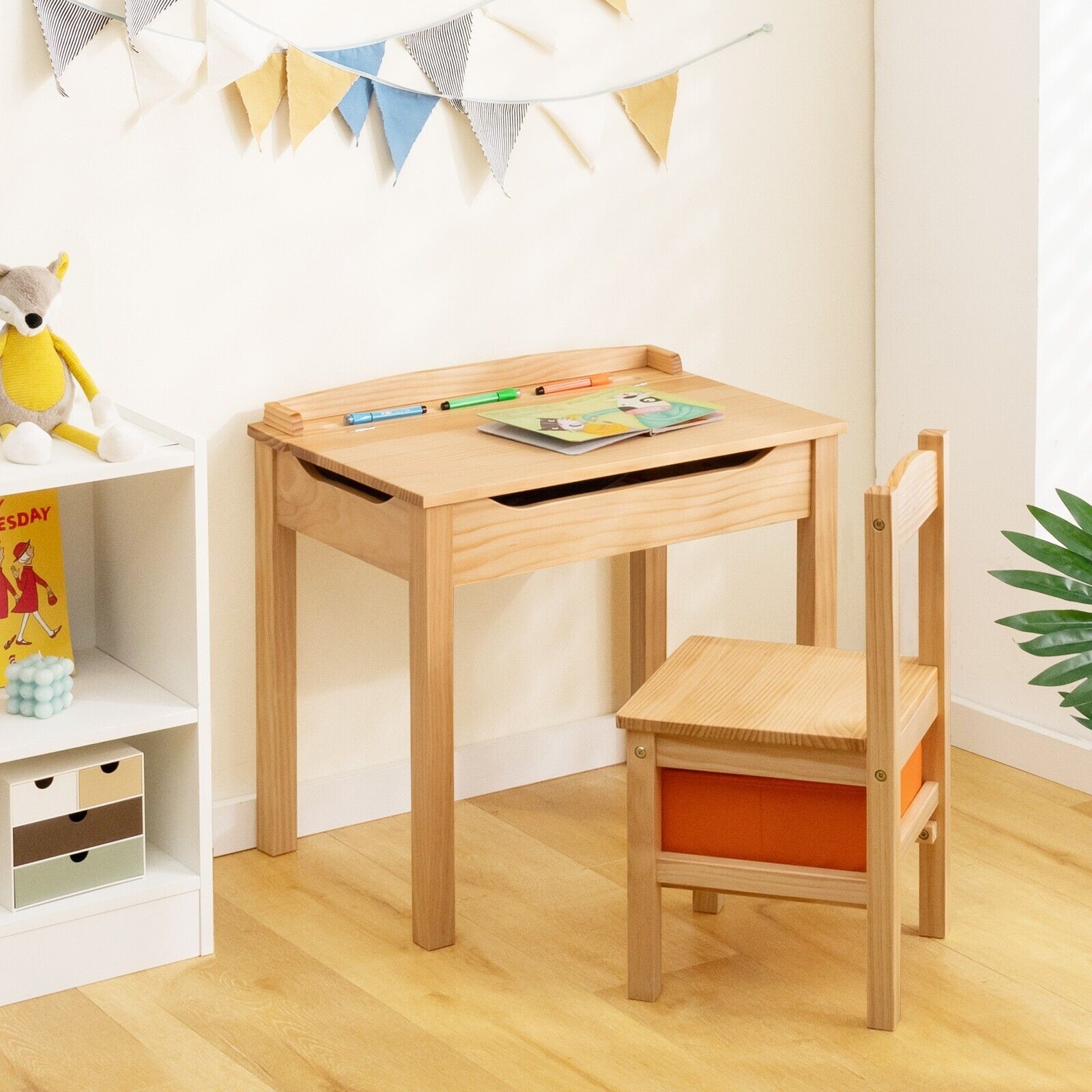 Kids Table and Chair Set Children Wooden Activity Table Set w/ Drawer & Flip Top - Image 3