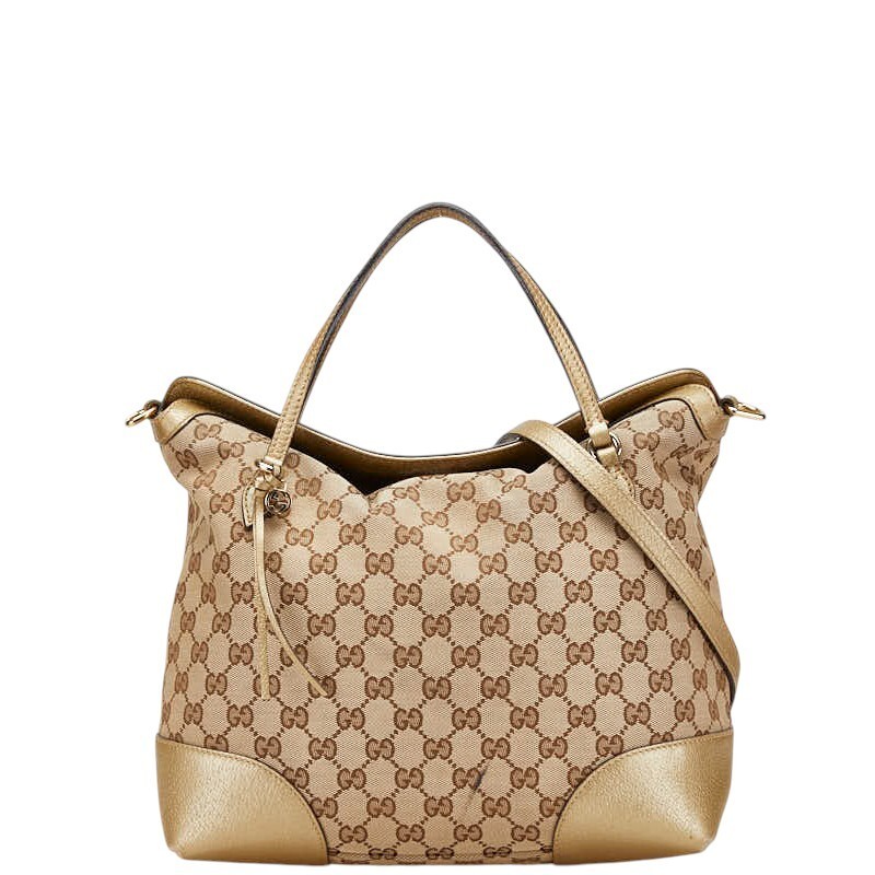 GUCCI GG Canvas Bree Handbag Shoulder Bag 2-Way Gold Leather 353120 167567