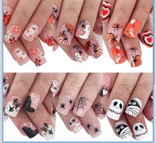 24 Fake Nails Halloween Press On Ghost Pumpkin Black Spider Web Reusable Party