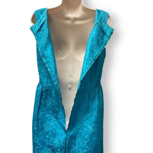 1960’s Empire Waist Teal Blue Chinese Floral Brocade Sleeveless Dress With Bows - Picture 9 of 16