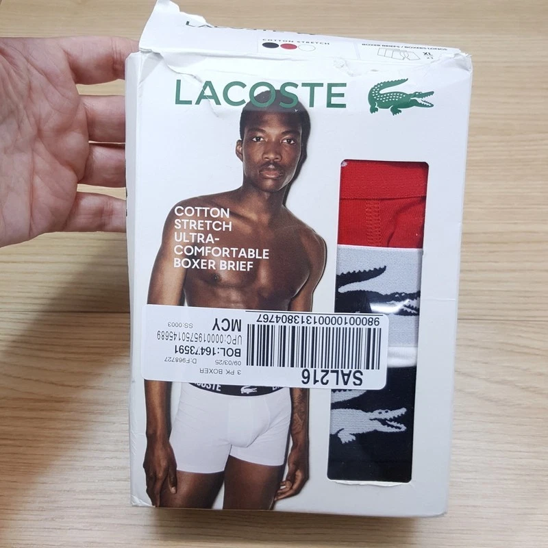 Paquete de 3 calzoncillos boxer LACOSTE para hombre XL negros rojos blancos algodón elástico logotipo Foto 2 de 4