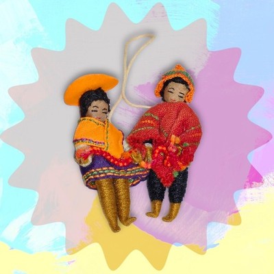VTG Peruvian Folk Art Dolls Hand Embroidered Faces Traditional Montera & Chullo 