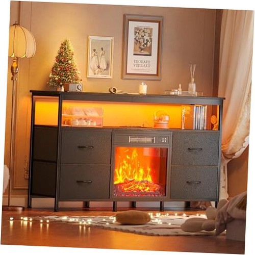 Fireplace TV Stand with Power Outlets and LED Lights, TV Stand Dresser for 55