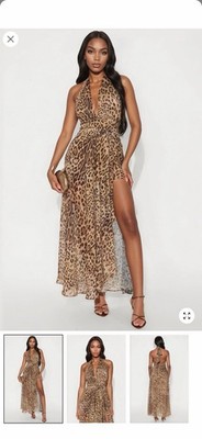 Halter Backless Leopard Animal Print Maxi Dress Long High Slit Buckle S