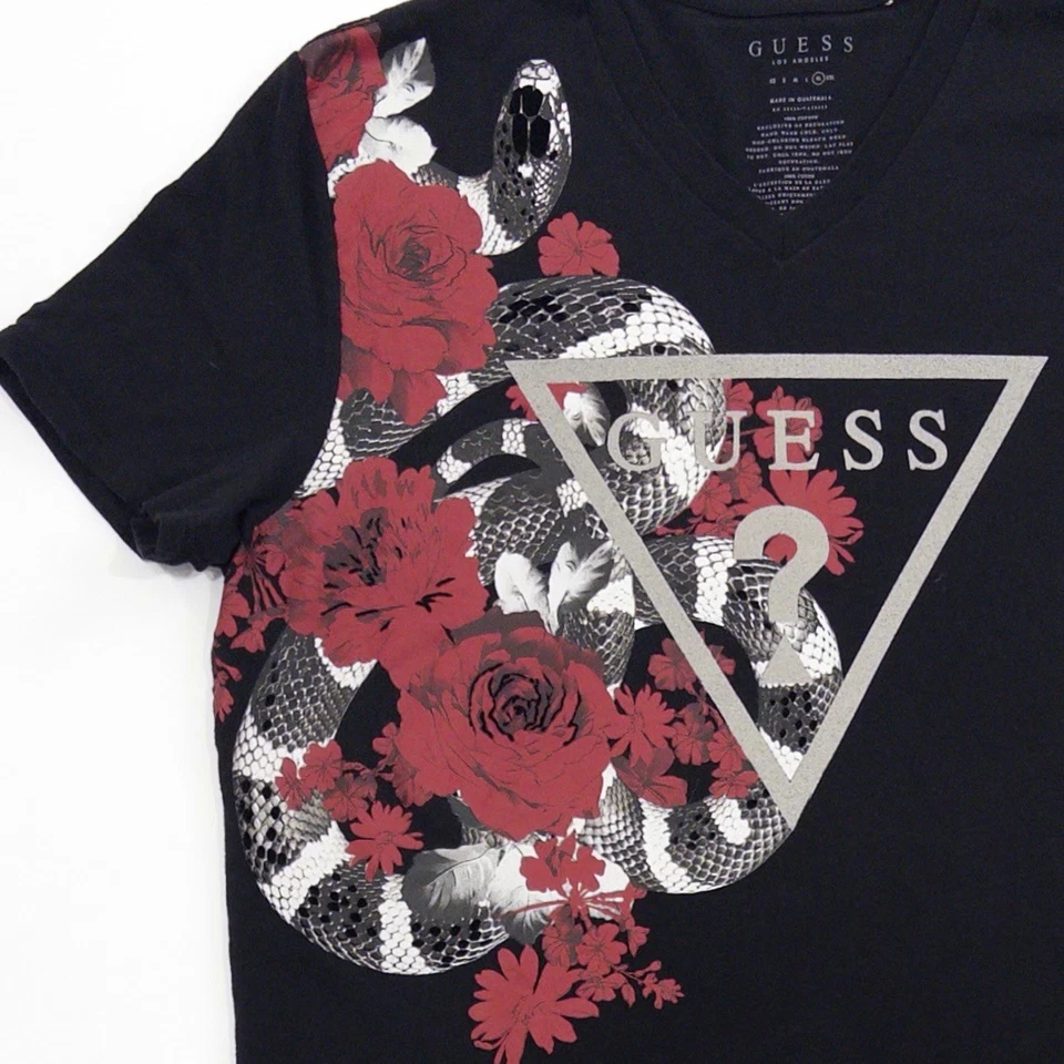 Camiseta Guess Para Hombre Negra Cuello en V Gráfico Serpiente Rosa XL Foto 2 de 4