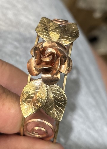 Vintage Krementz Rose Leaf Cuff Bracelet Signed Mid Century Retro Gold Tone 7” - Picture 2 of 11