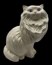 Vintage Ceramic 13” Tall White Persian Cat Statue Life Size Feline Long Hair