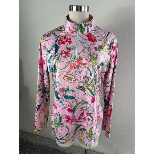 Acegolfs Womens XL Pink Floral Quarter Zip Long Sleeve Golf Pullover Top
