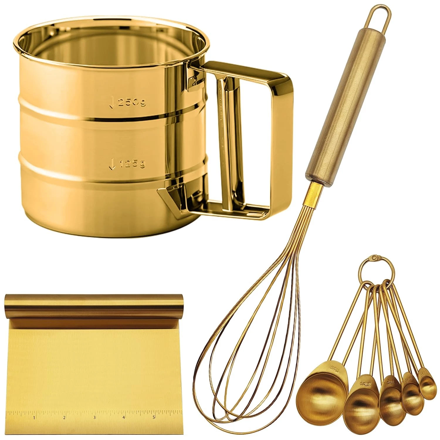 Gold Flour Sifter Baking Tool Set, Stainless Steel 4-Piece Kit with 10" Whisk...