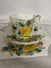 Antique Bone China, Cup, Saucer, Small Plate, Square Design, Yellow/Blue/Green