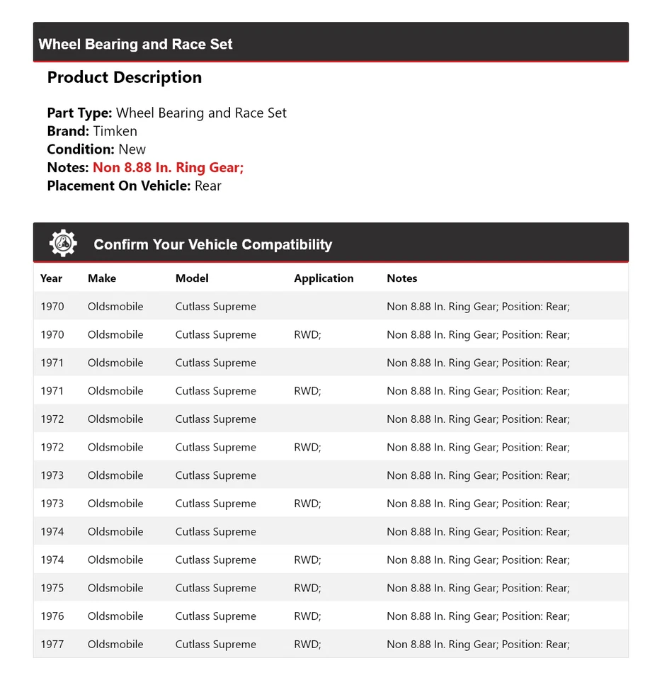 Juego de rodamientos de rueda y carreras trasero Timken para Oldsmobile Cutlass Supreme 1970-1977 Foto 2 de 4
