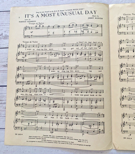 IT'S A MOST UNUSUAL DAY Vintage Sheet Music - A DATE WITH JUDY, JIMMY McHugh - Picture 2 of 3