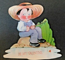 Vintage 1928's Valentine Boy Fishing "Be My Valentine -Has date on it V313