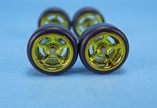 1/64 Wheels 1/64 Wheel and Tire Set Real Riders 5-Spoke Style Gold Chrome V-42