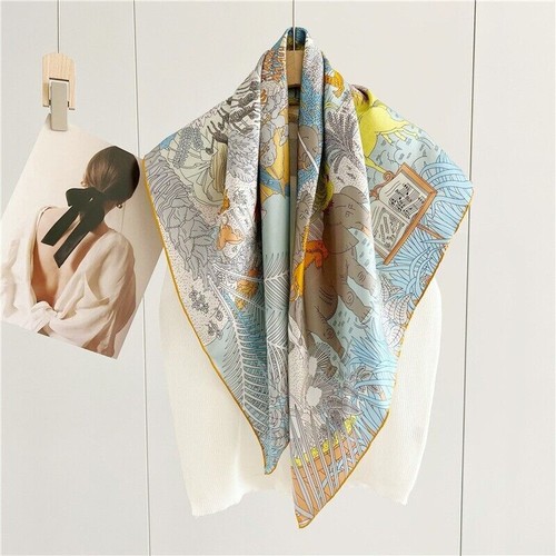 Pure Twill Silk Shawl Scarf Square Bandanna Wrap Shawl 35" Animals Print Lt Blue