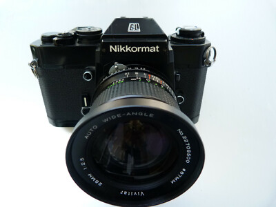 VINTAGE 1976 Nikkormat EL Camera Black, VIVITAR Auto Wide 28/2.5