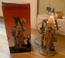 Vintage Hand Painted Porcelain Lighted Haunted House Halloween Ghost Skeleton