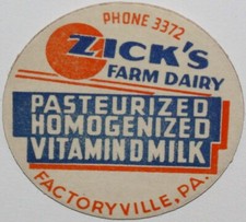 Vintage milk bottle cap ZICKS FARM DAIRY Vitamin D Factoryville Pennsylvania