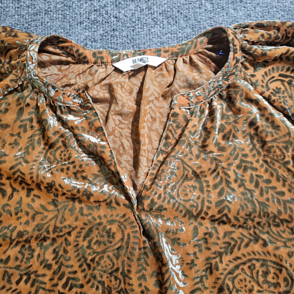 Camisa Top Mujer BB Dakota Mediana Verde Naranja Paisley Terciopelo Manga Corta Informal Foto 2 de 4