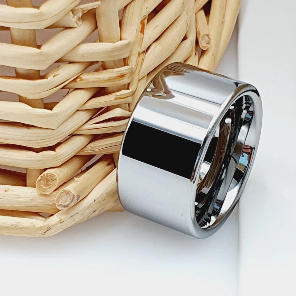 Men's Tungsten Band 12mm Wide Pipe Cut Polished Silver Tungsten Wedding Ring - Image 4 of 4