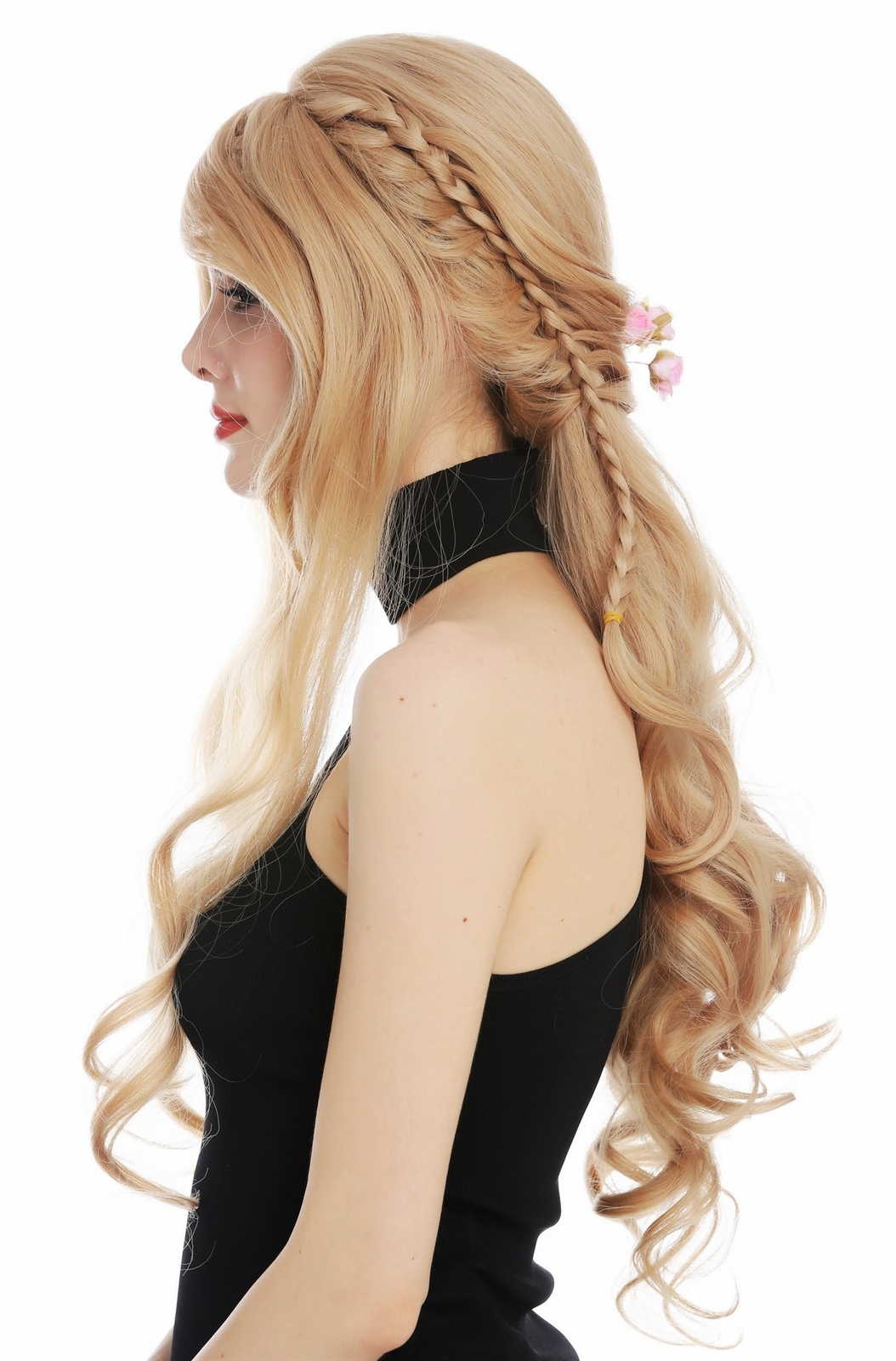 Women Long Wavy Curls Blonde Lace Front Braided Wig