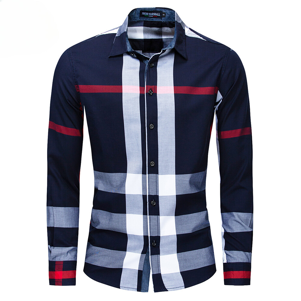 Summer Fashion Random Plaid Shirt Men Long Sleeve Casual Slim Fit Shirts Tops