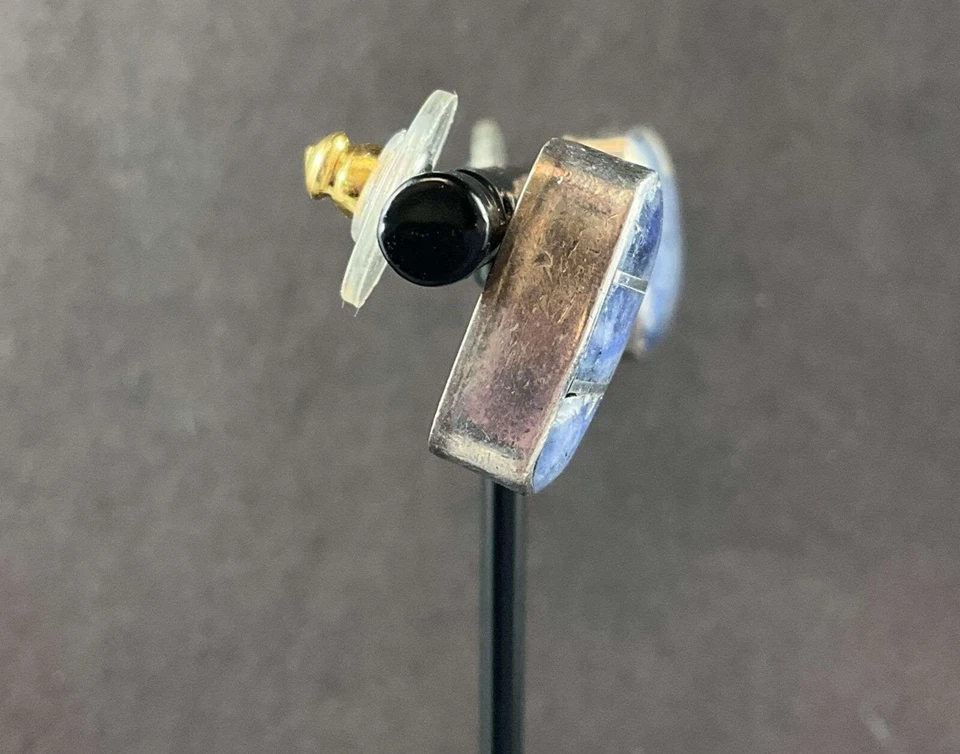 Pendientes artesanales con incrustaciones de lapislázuli de plata de ley - azul profundo con oro Fl Foto 2 de 4