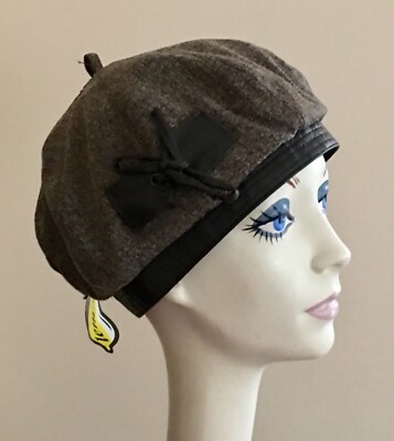 NWT Lemon Helen's Hats BERET Hat BROWN Wool Blend w Faux Leather Trim   Lined