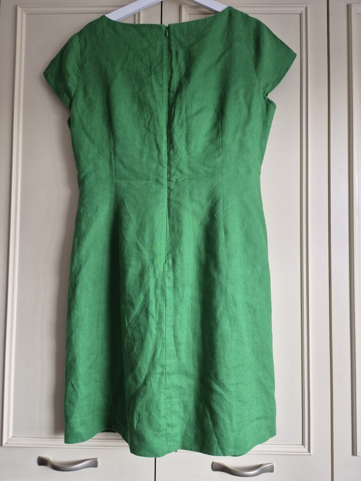 Hobbs Green Belted 100 Linen Dress, Size UK 16, Oversize Knee Length