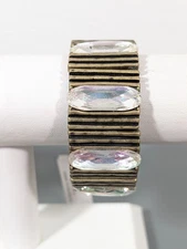 Bronze Tone Ribbed Aurora Borealis Crystal Wide Stretch Bracelet Modernist 6.5"
