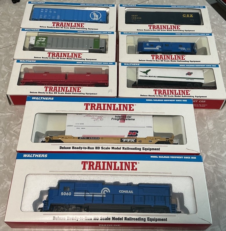 8 Lot Trainline Walthers HO Conrail 5060 Locomotive 7 Flat freight Car Train Set