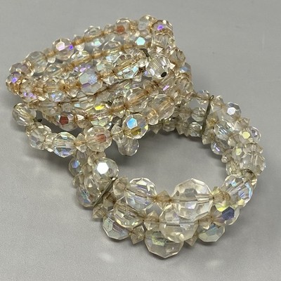 Glass Bead Bracelet Aurora Borealis Layered Wrap CRAFT Faceted Repurpose Cuff