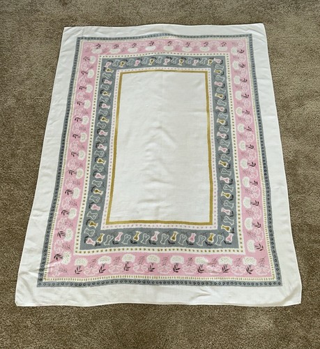 Vintage Cotton Tablecloth Pink Gray Floral 52 X 66