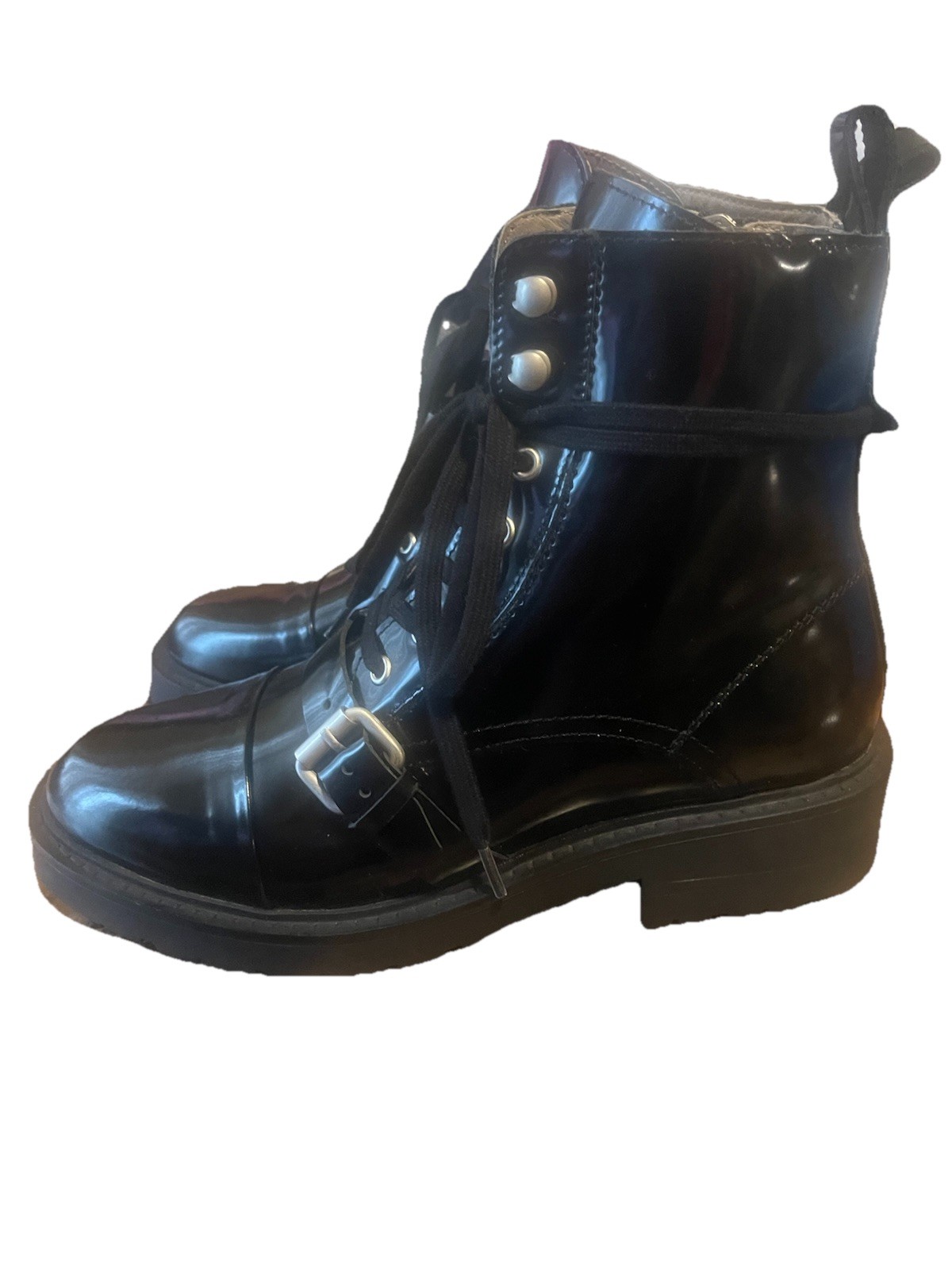 Allsaints Donita Combat Boots Black Leather Buckle Lace Up Lug Sole Women’s 9/39