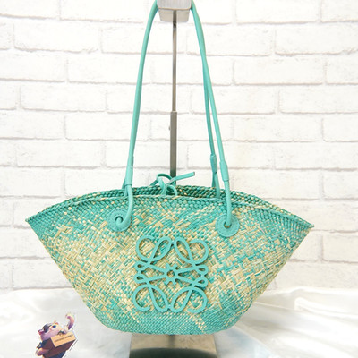 LOEWE Anagram Basket Shoulder Small Resort Bag Raffia Leather Turquoise Blue