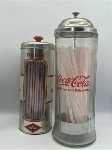 MTB-Vintage Coca Cola Tin & Glass Straw Holders Dispenser Set Advertising