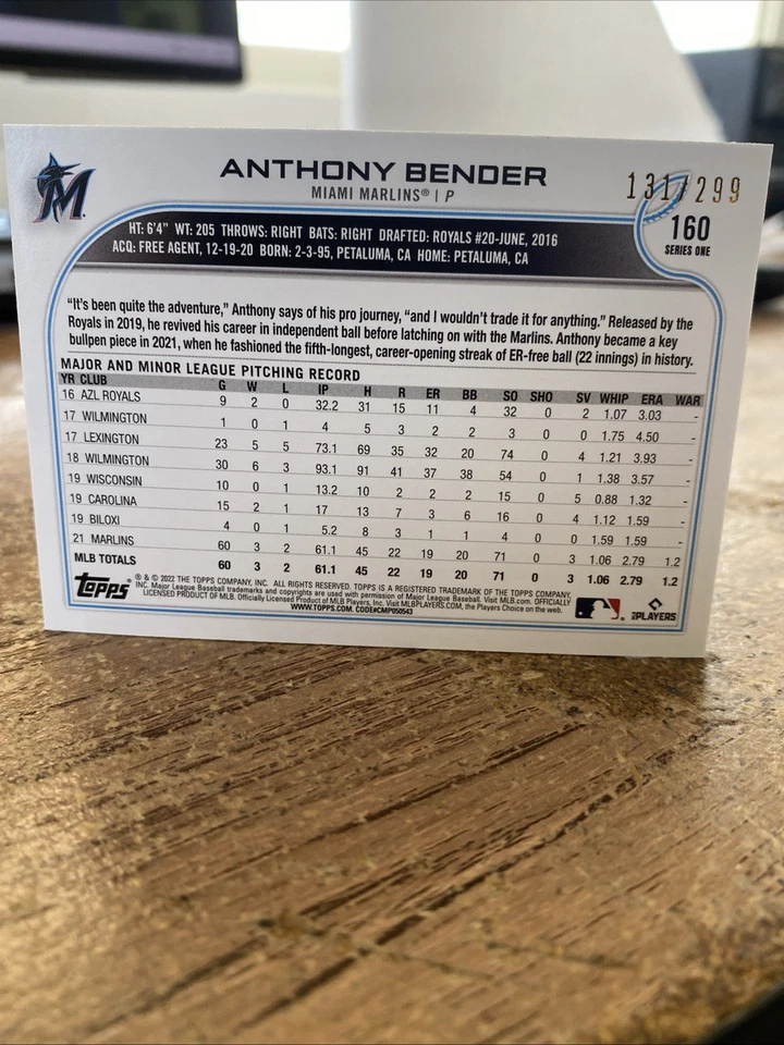 2022 Topps Series 1 Orange Foil 131/299 Anthony Bender #160 Rookie RC Marlins - Image 2 of 2