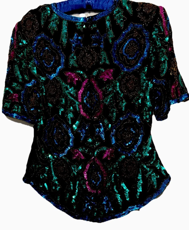 Blusa de Noche Verdadera Vintage Trofeo Esposa S Negra Colorida Lentejuelas Glamurosa Foto 4 de 4