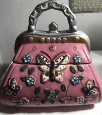 DAVID&rsquo;S COOKIES PINK CERAMIC BUTTERFLY & FLOWER DECORATIVE PURSE COOKIE JAR