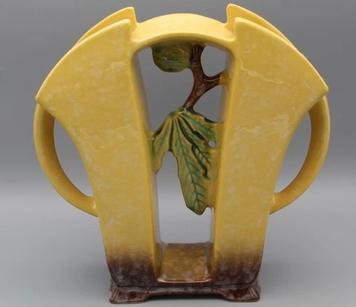 Roseville USA Artwood 8" DBL HDL Vase Mottled Yellow/Brown Fig Branch #1057 HTF