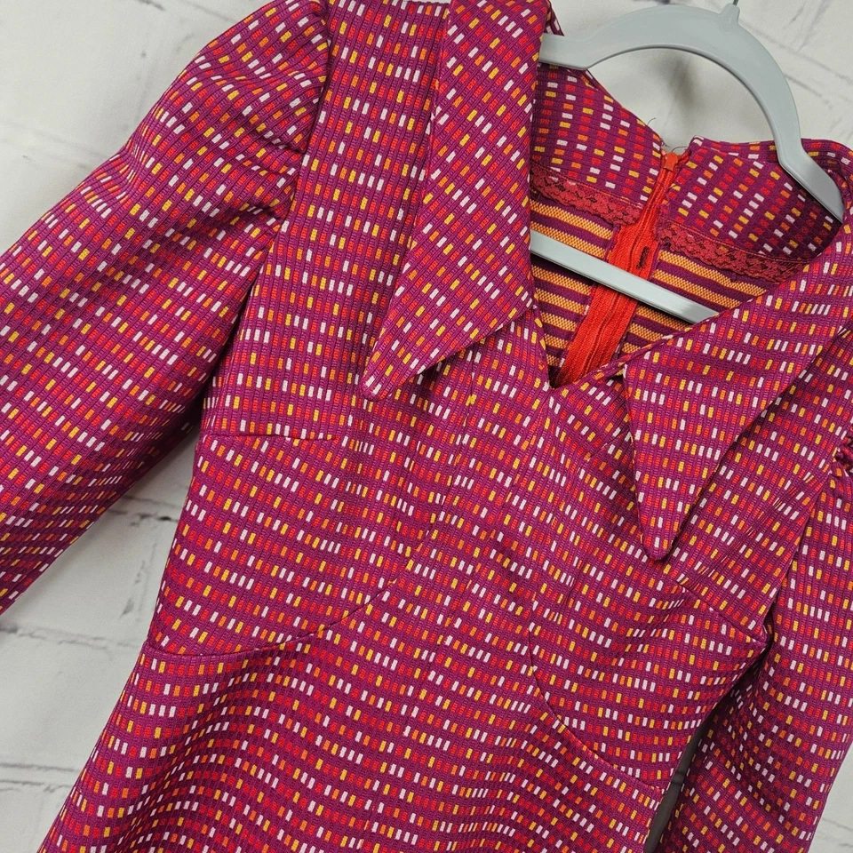 Vintage 1970s Red Pink Geometric Womens M Long Sleeve A Line Dress Point Collar - Image 2 of 4