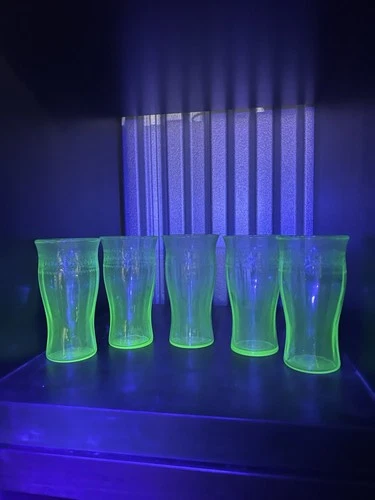 Set Of 5 Vintage Uranium Green Depression Glass Tumblers 6"  Etched)