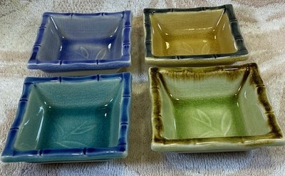 Set Of 4 Japanese Sushi / Sashimi Soy Sauce Dishes Bamboo Design Multicolor