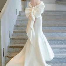 White Mermaid Wedding Dress Satin Court Train with Bow Bridal Gown Customizabled