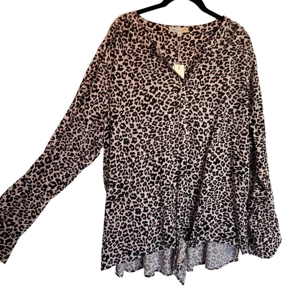 Animal Print Blouse Size 18 1XL Pink Black Shirt Tie Front Detail Long Sleeve - Image 2 of 4
