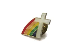 White Cross & Rainbow Pin Gold Tone