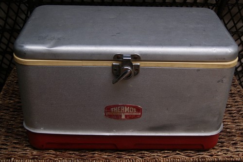 Vintage Retro Red and Silver Aluminum Thermos Cooler with Turn-Style Latch, Rare