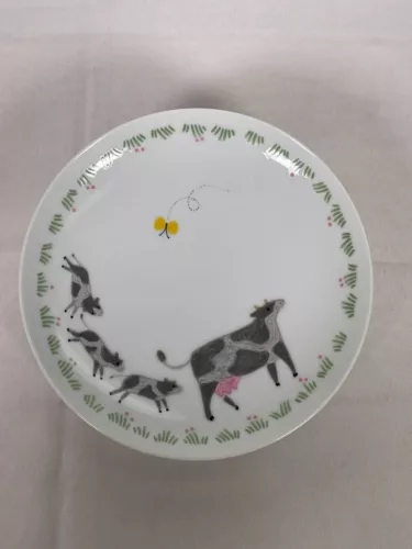 VTG Tajimi Japan Asahi Cow Mom and Calves Child's Ceramic Dinnerware Plate