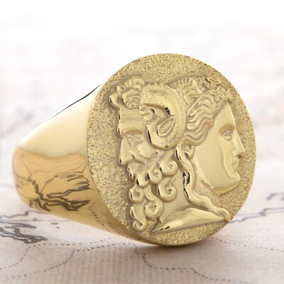 Janus Solid Gold Signet Ring, Ancient Roman Handmade Custom Signet Ring 